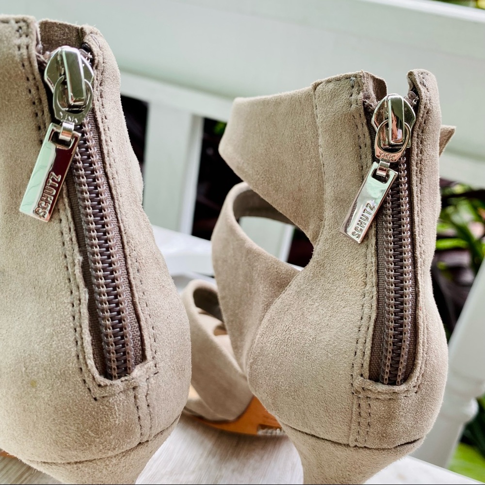 Schutz Miranda Suede Peep Toe Bow Strappy Heels in “Mouse” size 6 - Picture 6 of 16
